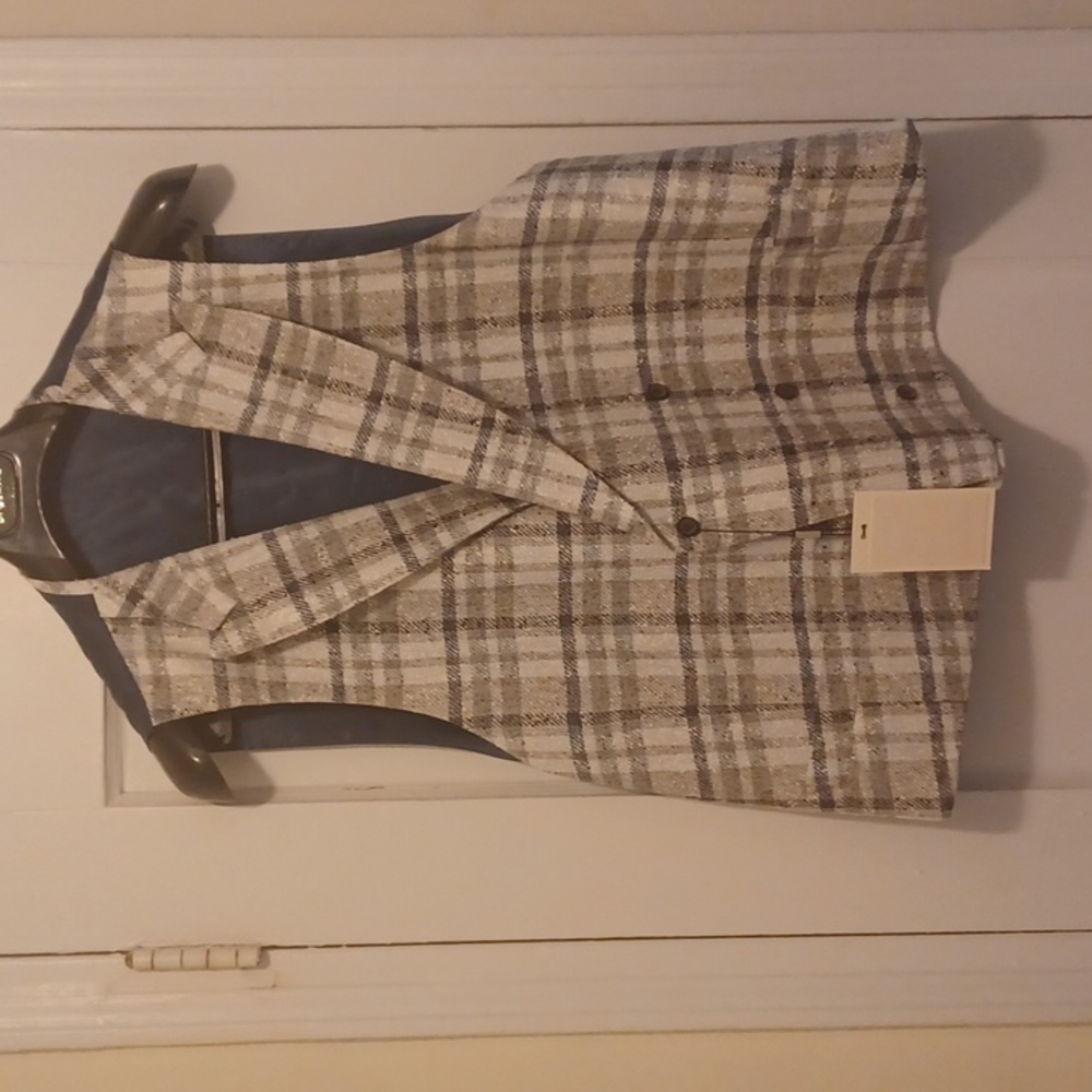 Suitsupply Beige, Tan & Navy Plaid Raw Linen/Cotton Double Breasted Vest